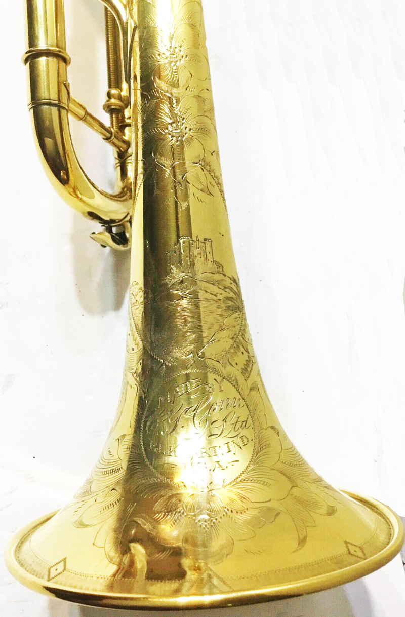 1928 Conn 2B Trumpet bell engraving
