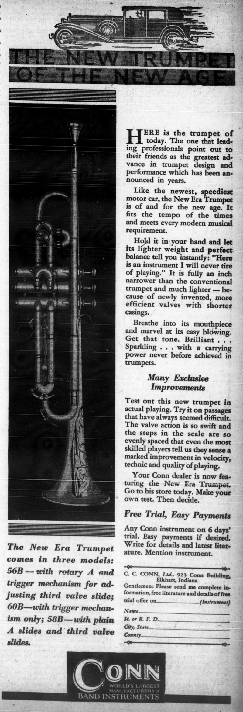 Conn New Era Trumpet Ad 1930
