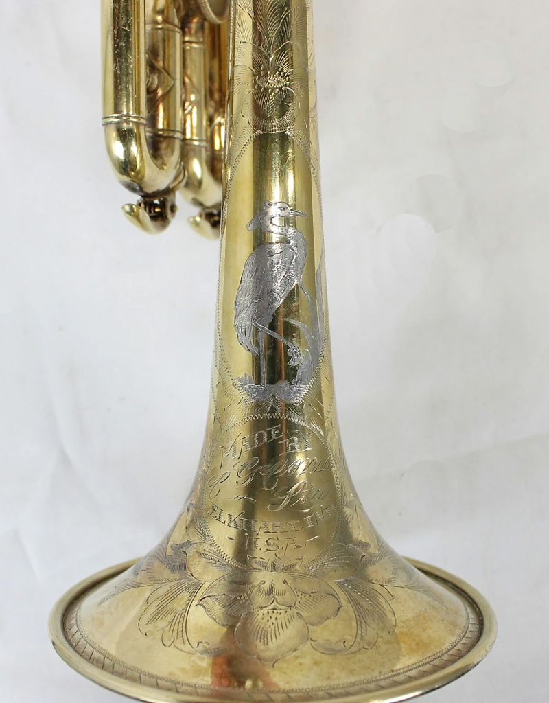 Conn Trumpet Bell Engraving Heron