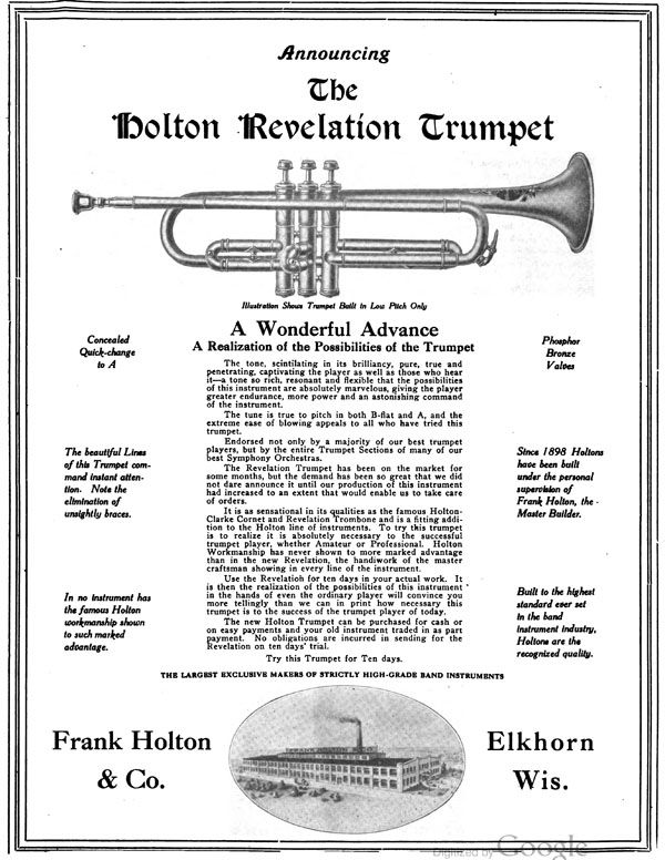 Holton Revelation Ad 1920 Trumpet