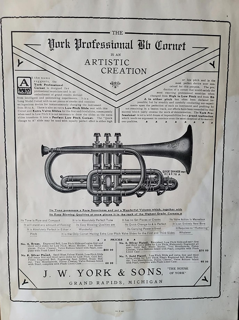 1910 York Professional Cornet Catalog Image